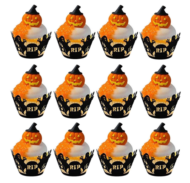 12 stuks Cupcake Wrapper Decor Bakvormpjes Uitgesneden Papieren Cake Omhulsel Halloween Heks Spinnenweb Kasteel Halloween Decoratie