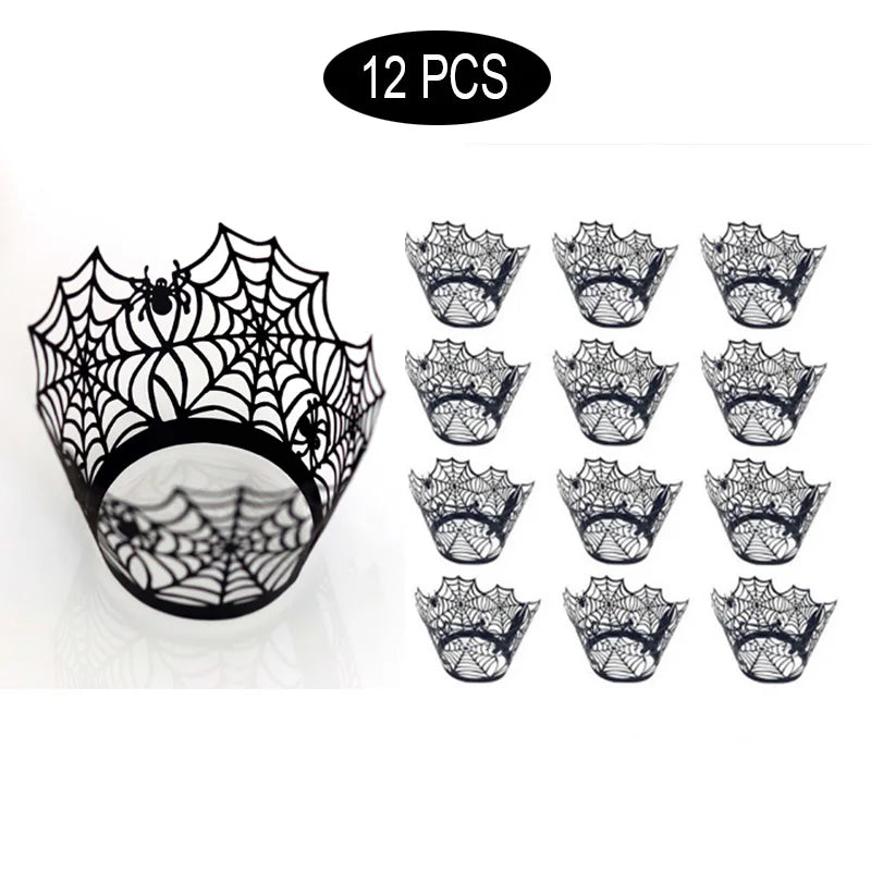 12 stuks Cupcake Wrapper Decor Bakvormpjes Uitgesneden Papieren Cake Omhulsel Halloween Heks Spinnenweb Kasteel Halloween Decoratie