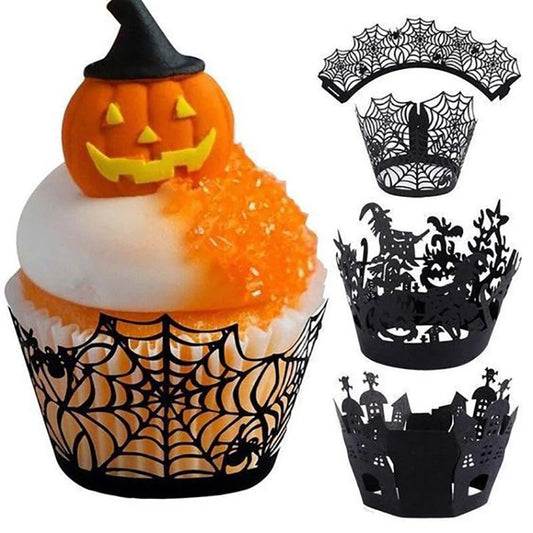 12 stuks Cupcake Wrapper Decor Bakvormpjes Uitgesneden Papieren Cake Omhulsel Halloween Heks Spinnenweb Kasteel Halloween Decoratie