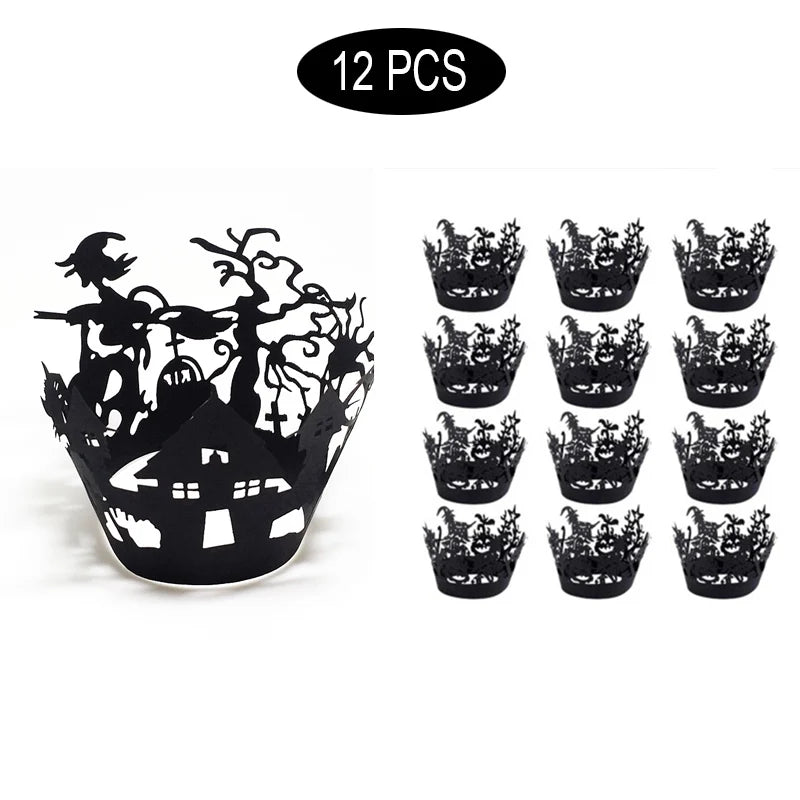 12 stuks Cupcake Wrapper Decor Bakvormpjes Uitgesneden Papieren Cake Omhulsel Halloween Heks Spinnenweb Kasteel Halloween Decoratie